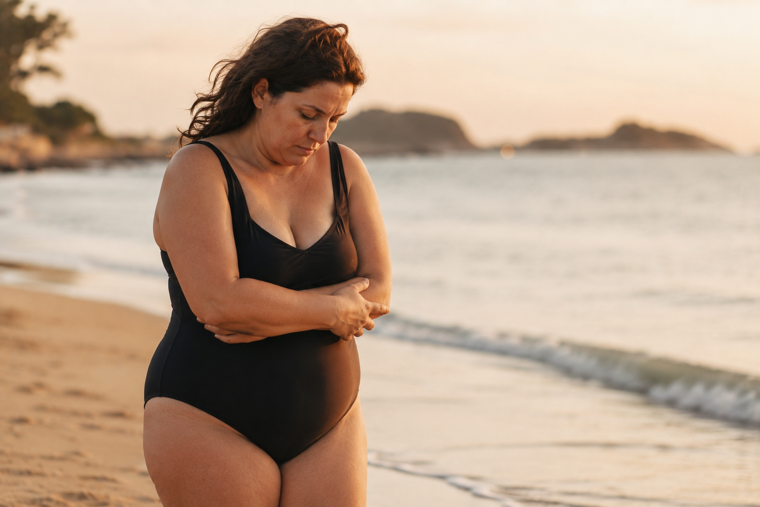 Woman feeling self-conscious about her body on the beach